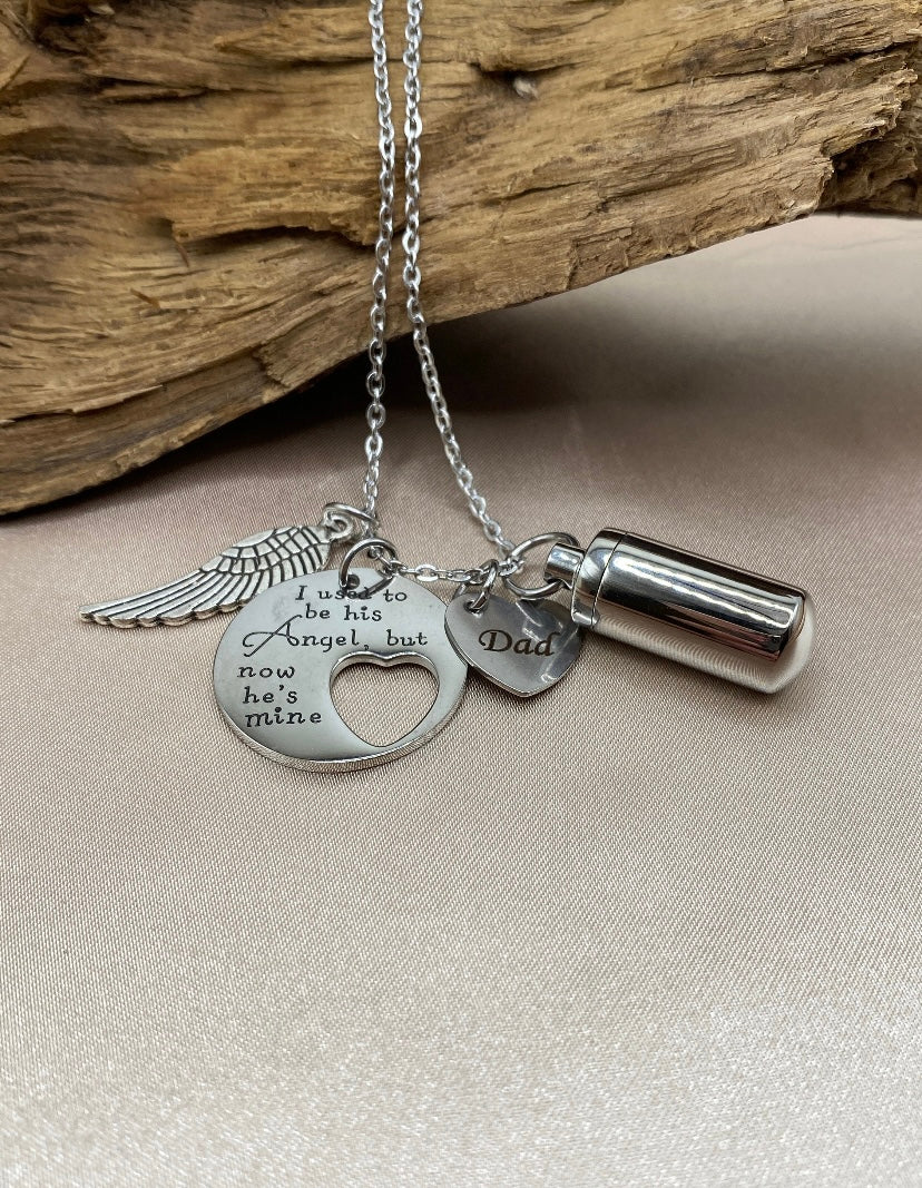 Cylinder Urn Necklace for Dad – “I Used to Be His Angel But Now He’s Mine” Charm with Engraved Angel Wing, Loss of Father Cremation Jewelry