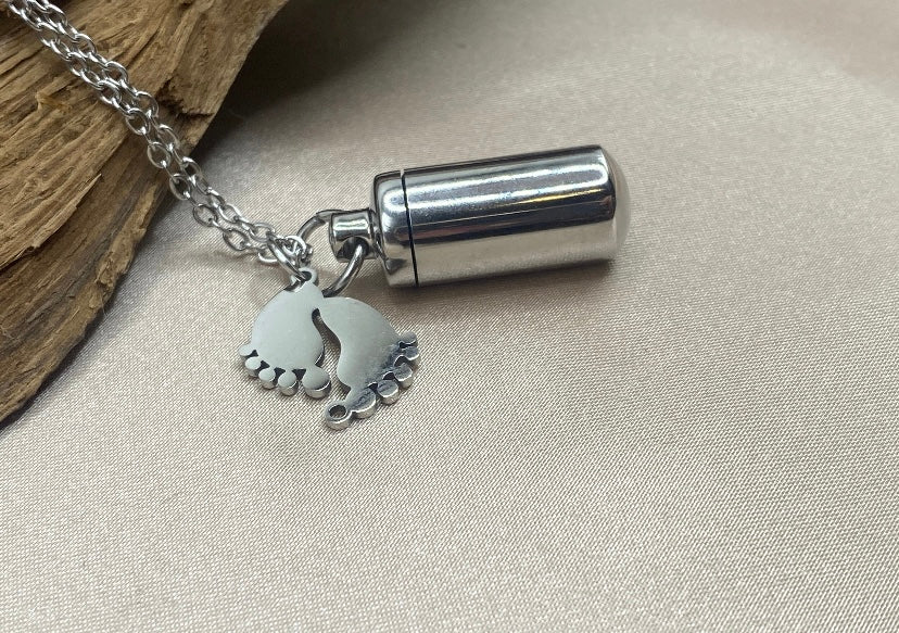 Silver Cylinder Baby Urn Necklace – Baby Feet Charm Memorial Jewelry
