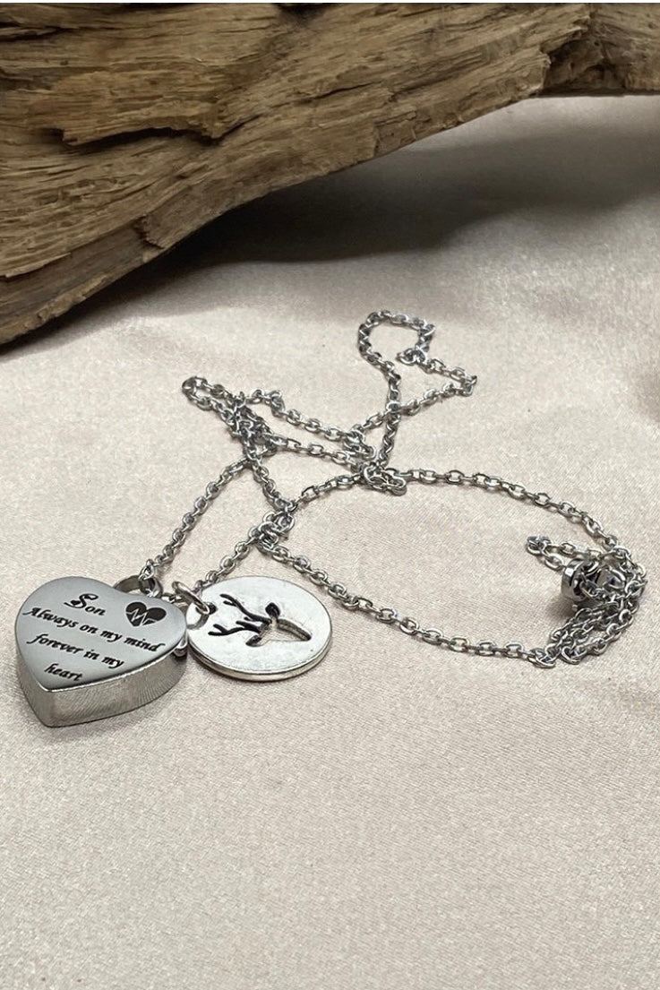 Heart Urn Necklace for Son – Deer Charm Memorial Jewelry for Hunters