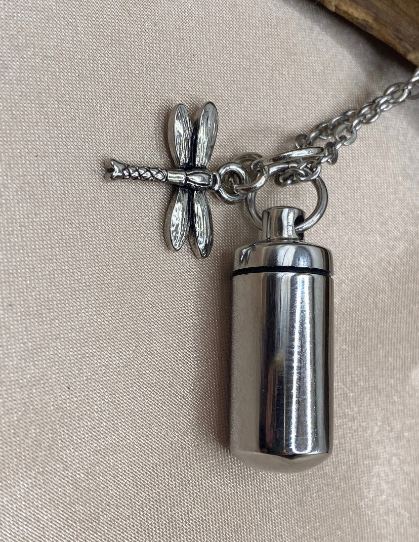 Silver Cylinder Urn Necklace – Dragonfly Charm Memorial Jewelry for Women