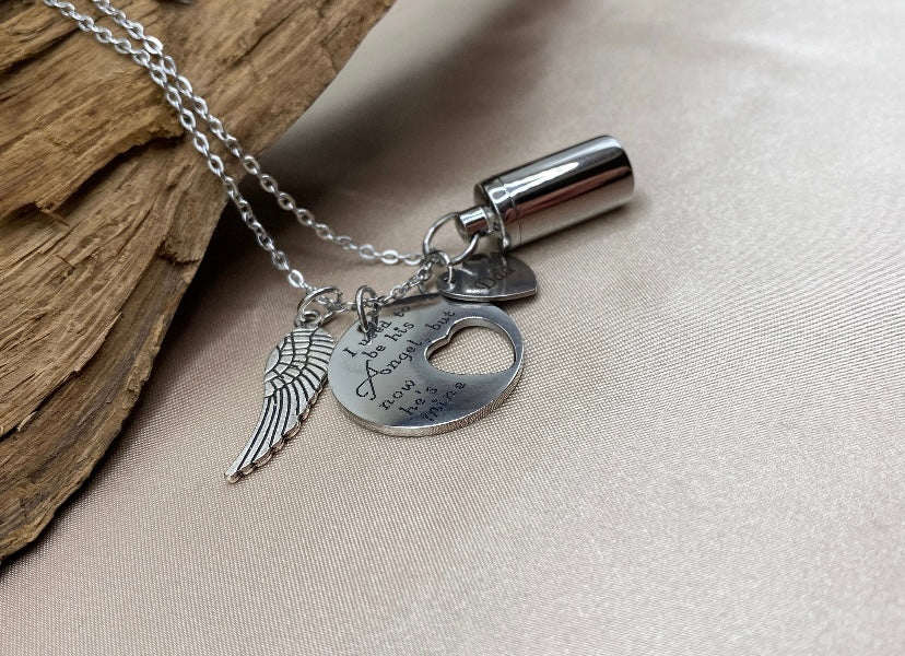 Cylinder Urn Necklace for Dad – “I Used to Be His Angel But Now He’s Mine” Charm with Engraved Angel Wing, Loss of Father Cremation Jewelry