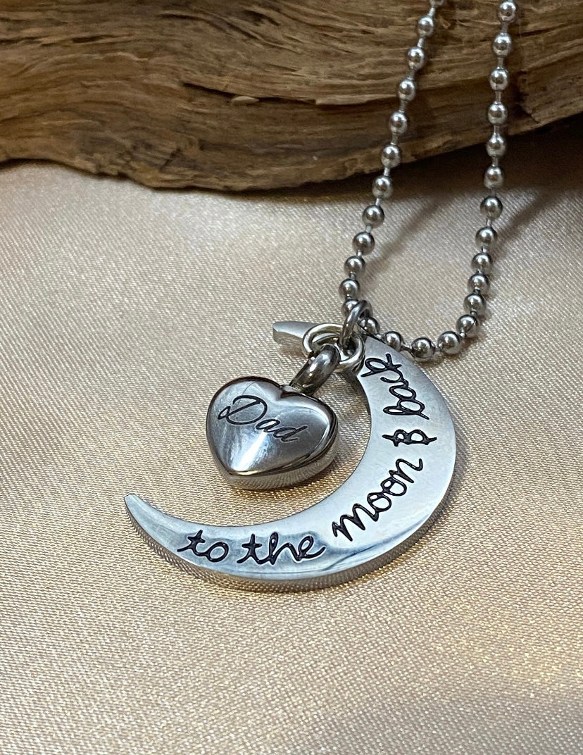 Silver Crescent Moon Cremation Necklace – Heart Urn Pendant with “Dad” Engraving, Memorial Jewelry for Loss of Father