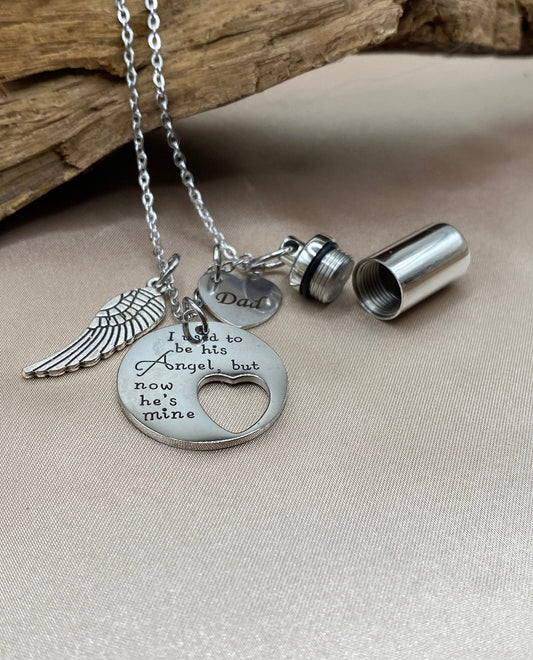 Cylinder Urn Necklace for Dad – “I Used to Be His Angel But Now He’s Mine” Charm with Engraved Angel Wing, Loss of Father Cremation Jewelry