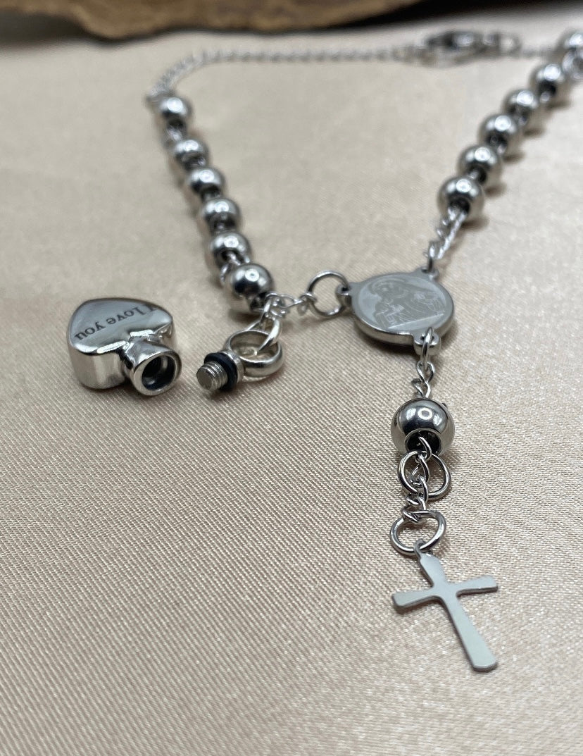 Heart Urn Rosary Bracelet – “I Love You” Charm Memorial Jewelry for Ashes