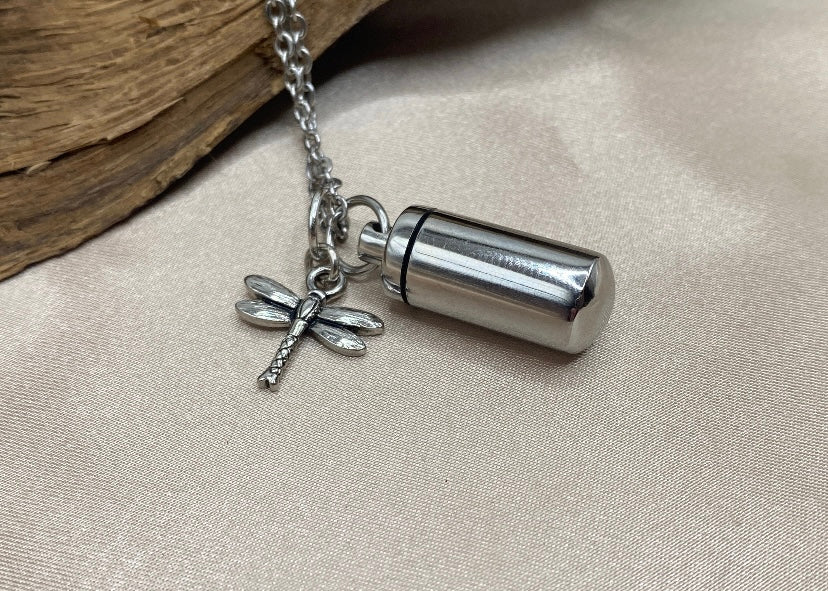 Silver Cylinder Urn Necklace – Dragonfly Charm Memorial Jewelry for Women
