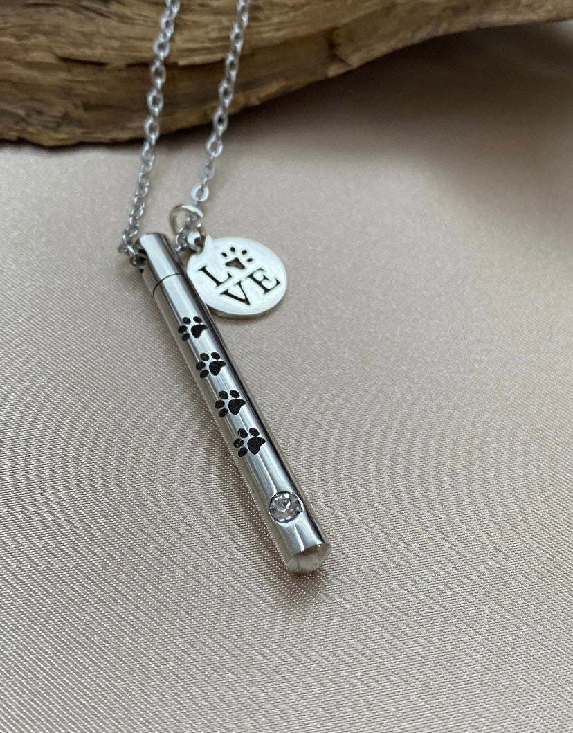 Pet Cremation Necklace – Cylinder Ash Holder with Engraved Paw Print & “Love” Charm, Memorial Jewelry for Pet Loss