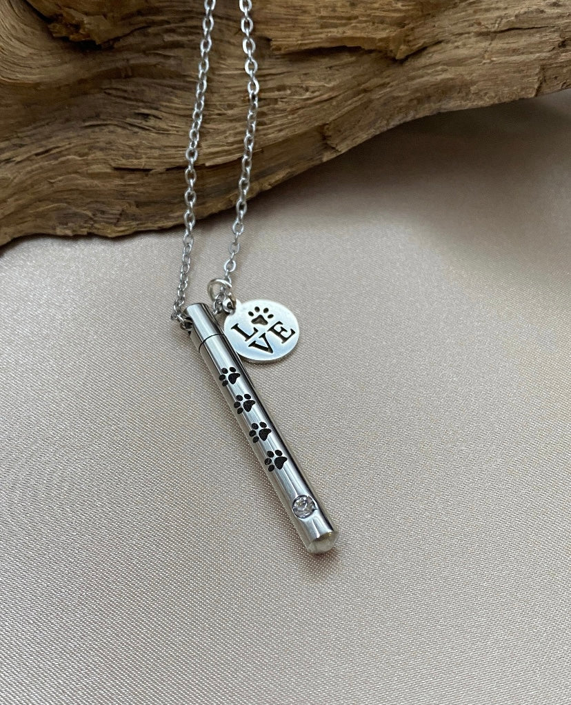 Pet Cremation Necklace – Cylinder Ash Holder with Engraved Paw Print & “Love” Charm, Memorial Jewelry for Pet Loss