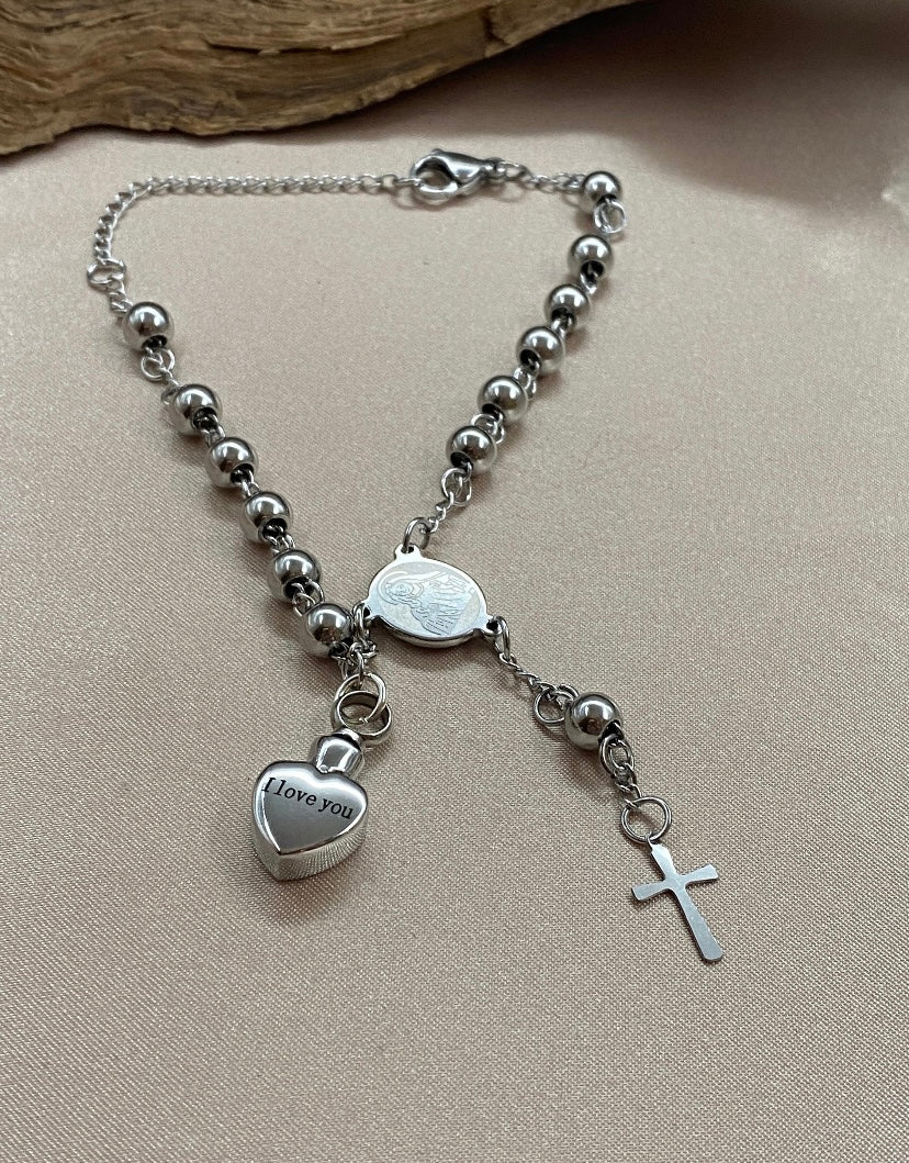 Heart Urn Rosary Bracelet – “I Love You” Charm Memorial Jewelry for Ashes