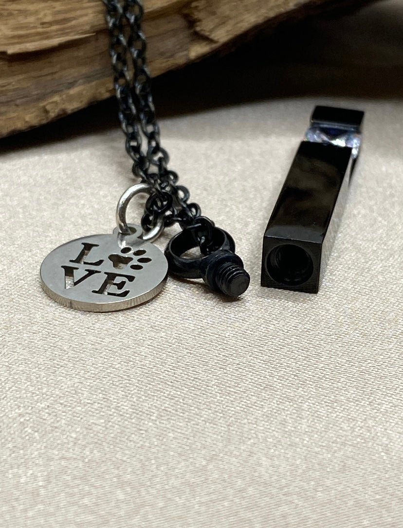 Black Bar Cremation Necklace with Rhinestone – Pet Memorial Urn Jewelry with Paw Print “Love” Charm