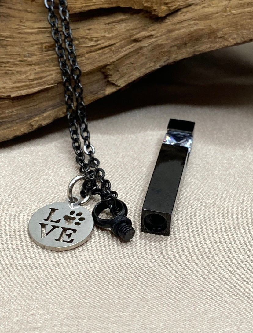 Black Bar Cremation Necklace with Rhinestone – Pet Memorial Urn Jewelry with Paw Print “Love” Charm