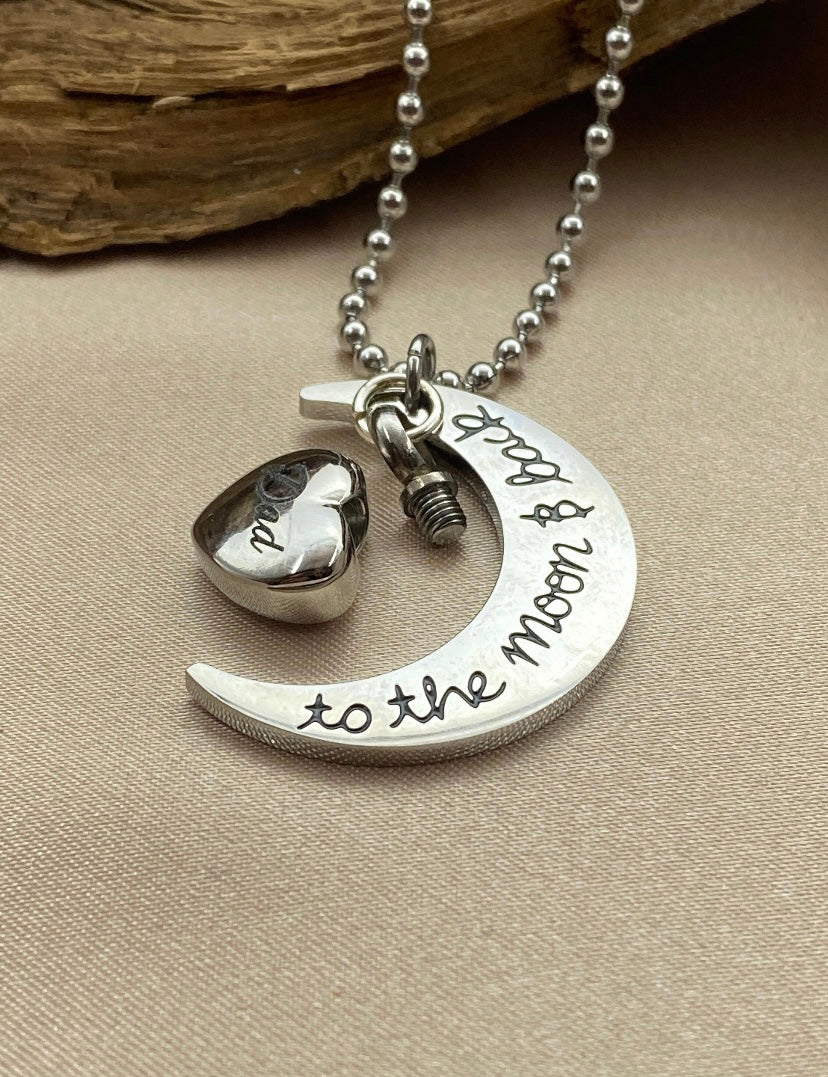 Silver Crescent Moon Cremation Necklace – Heart Urn Pendant with “Dad” Engraving, Memorial Jewelry for Loss of Father