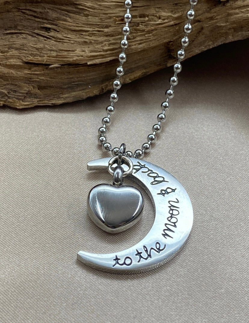Silver Crescent Moon Cremation Necklace – Heart Urn Pendant with “Dad” Engraving, Memorial Jewelry for Loss of Father