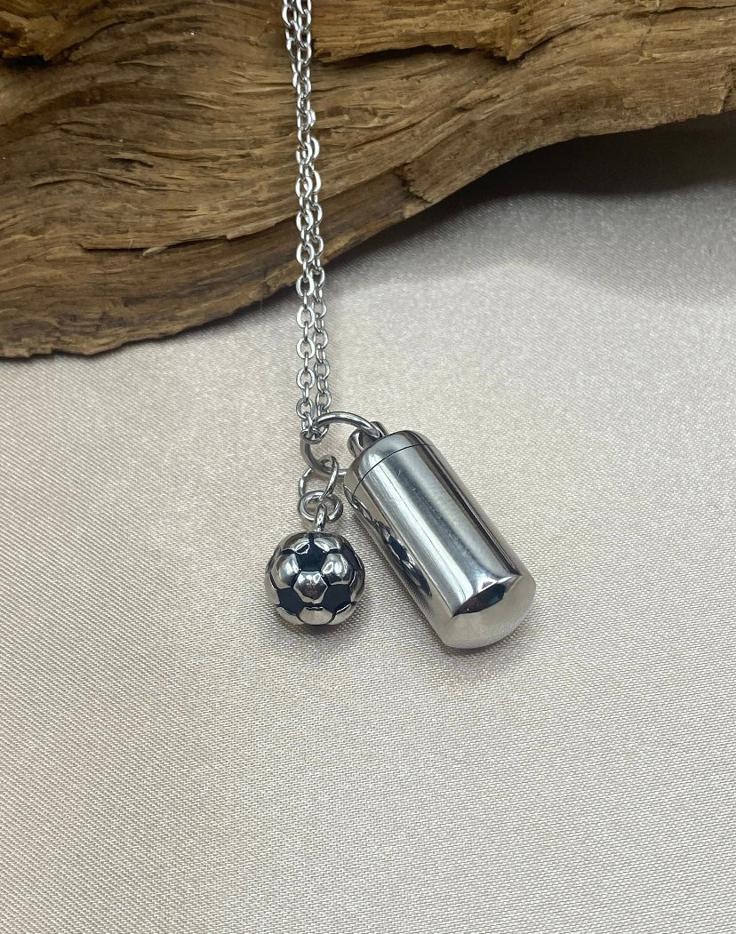 Cylinder Urn Necklace – Soccer Ball Charm Memorial Jewelry for Ashes