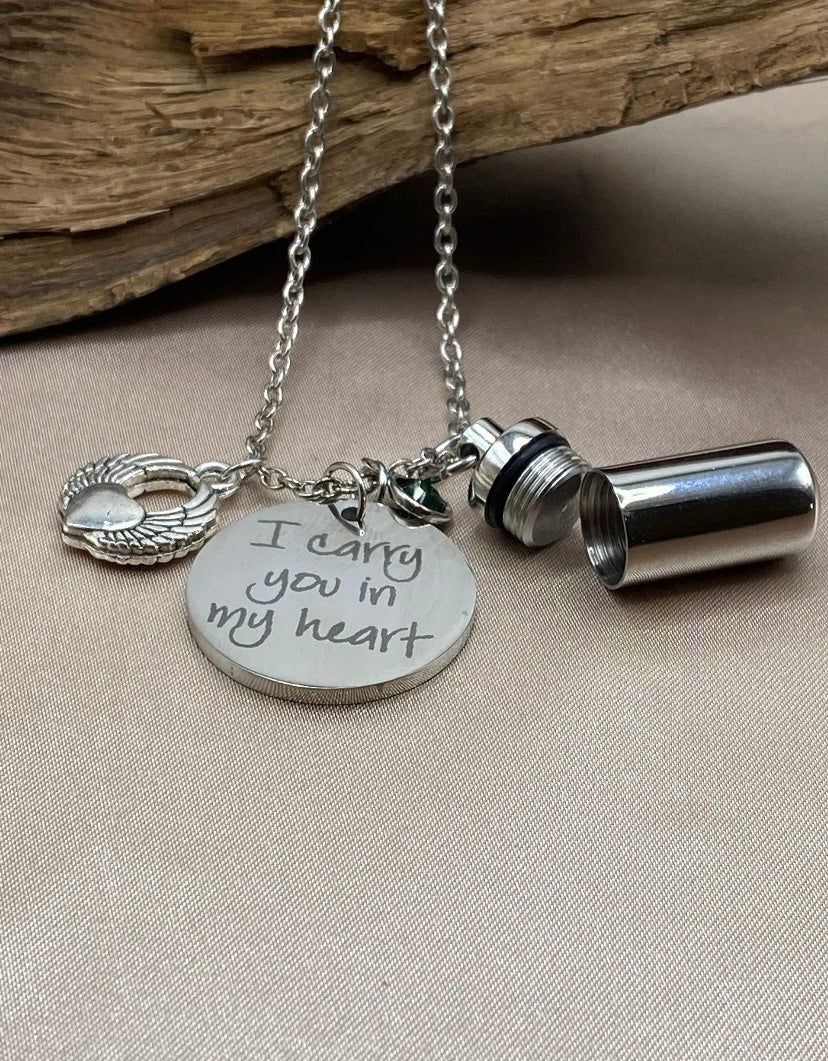 Angel Wing Cylinder Cremation Necklace – Personalized Memorial Urn for Ashes of Pet or Loved One