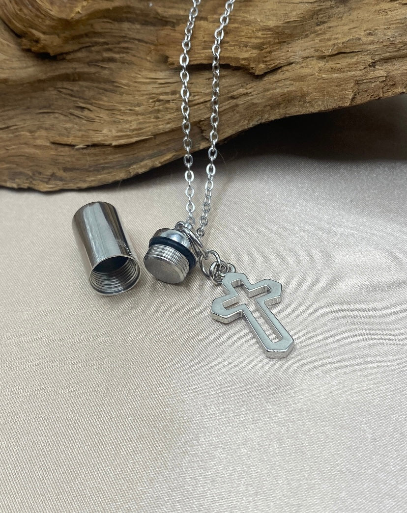 Silver Cylinder Urn Necklace with Cross – Memorial Jewelry for Ashes