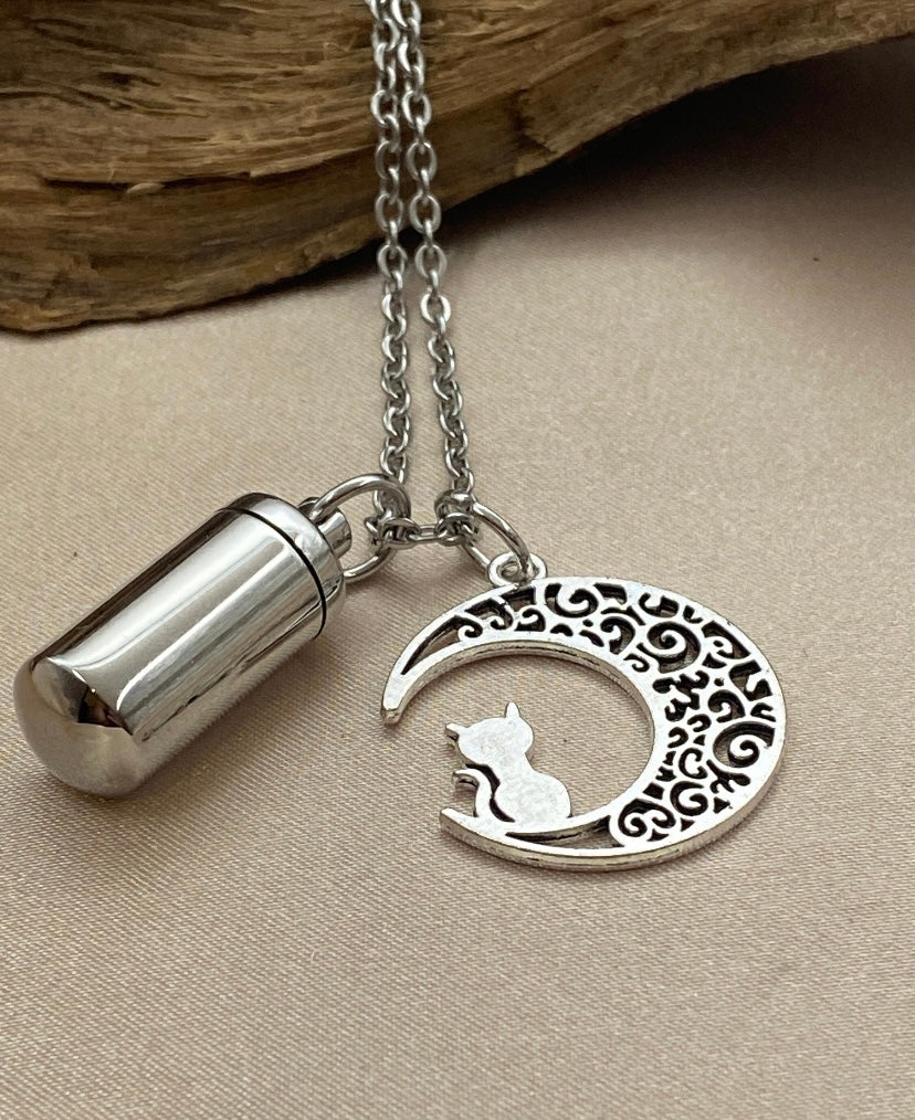 Cylinder Urn Necklace – Cat & Crescent Moon Charm Pet Memorial Jewelry