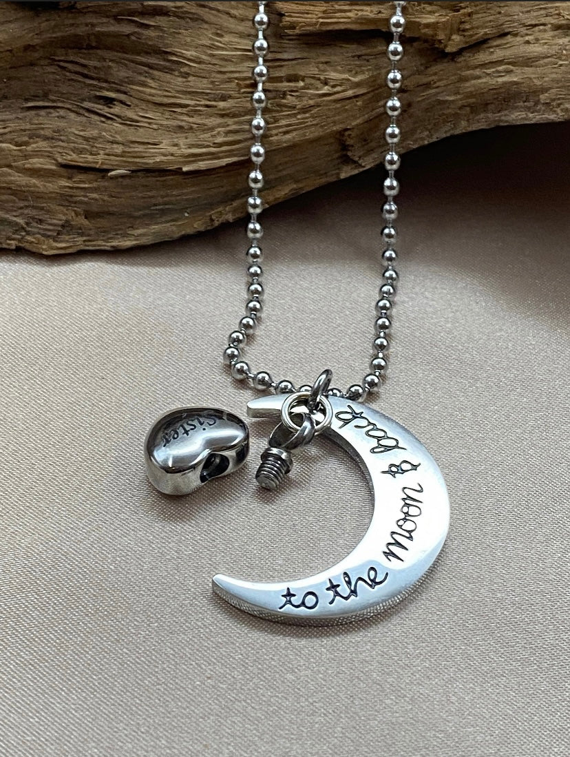 Silver Crescent Moon Cremation Necklace – Memorial Jewelry for Loss of Sister, Ash Pendant