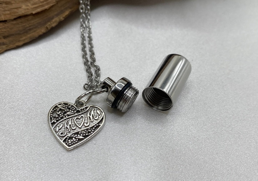 Cylinder Urn Necklace – Heart “Mom” Charm Memorial Jewelry for Ashes