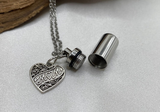 Cylinder Urn Necklace – Heart “Mom” Charm Memorial Jewelry for Ashes