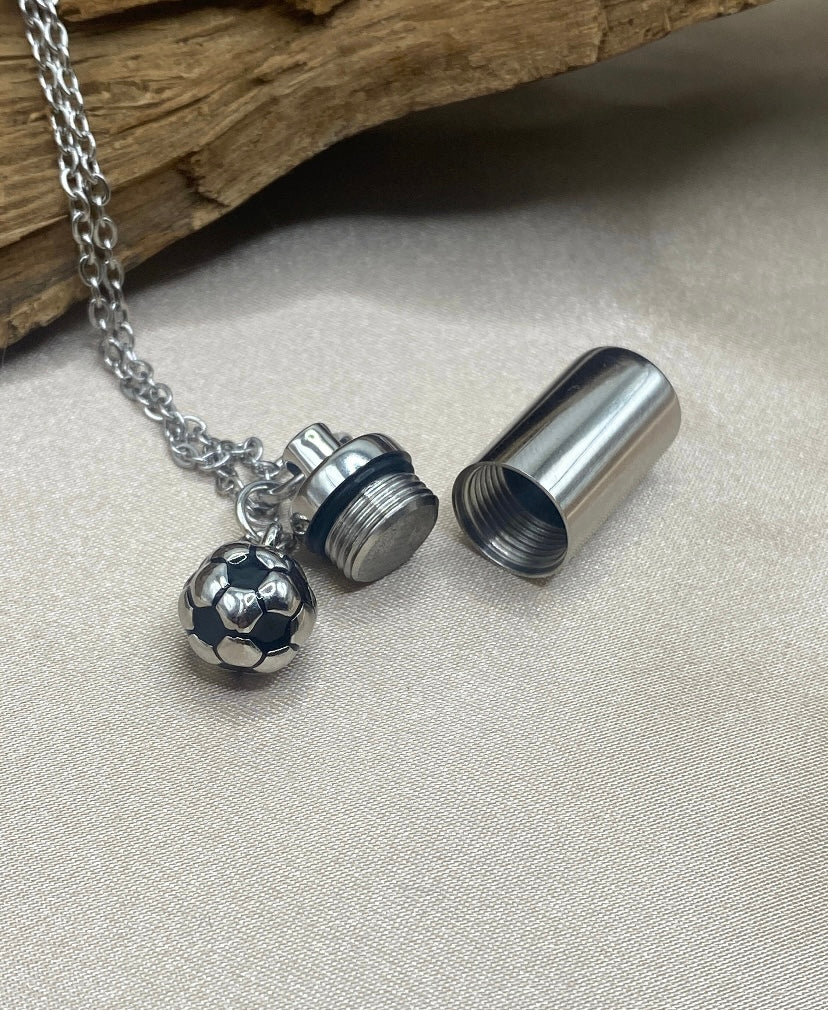 Cylinder Urn Necklace – Soccer Ball Charm Memorial Jewelry for Ashes