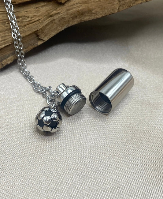 Cylinder Urn Necklace – Soccer Ball Charm Memorial Jewelry for Ashes