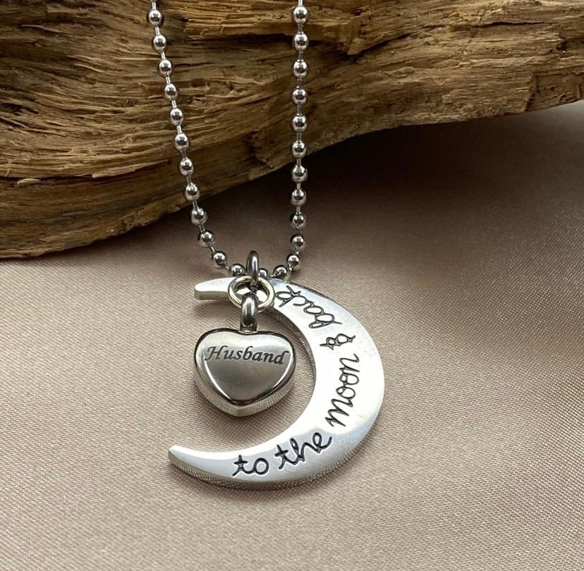 Heart & Crescent Moon Cremation Necklace – “Husband” Engraving with “I Love You to the Moon and Back” Charm, Memorial Jewelry for Loss of Husband