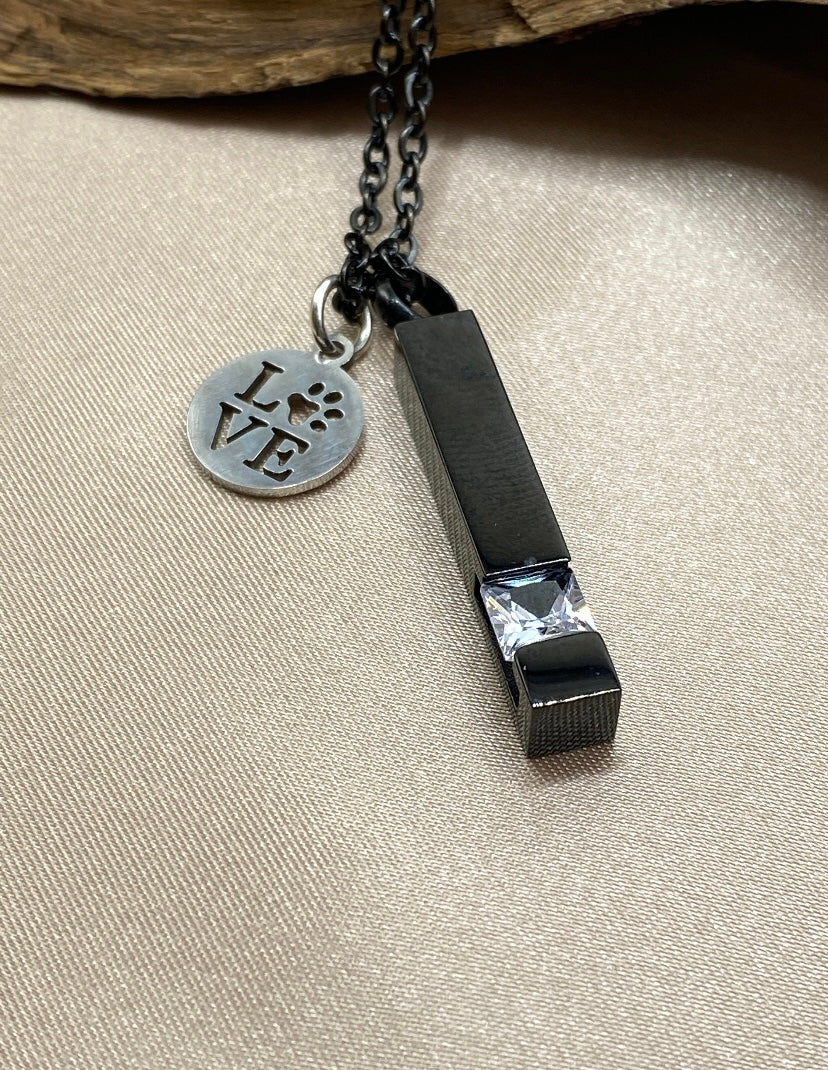 Black Bar Cremation Necklace with Rhinestone – Pet Memorial Urn Jewelry with Paw Print “Love” Charm