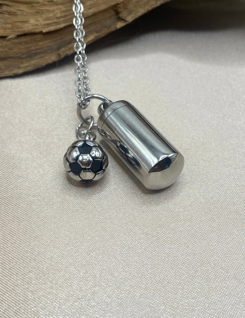 Cylinder Urn Necklace – Soccer Ball Charm Memorial Jewelry for Ashes