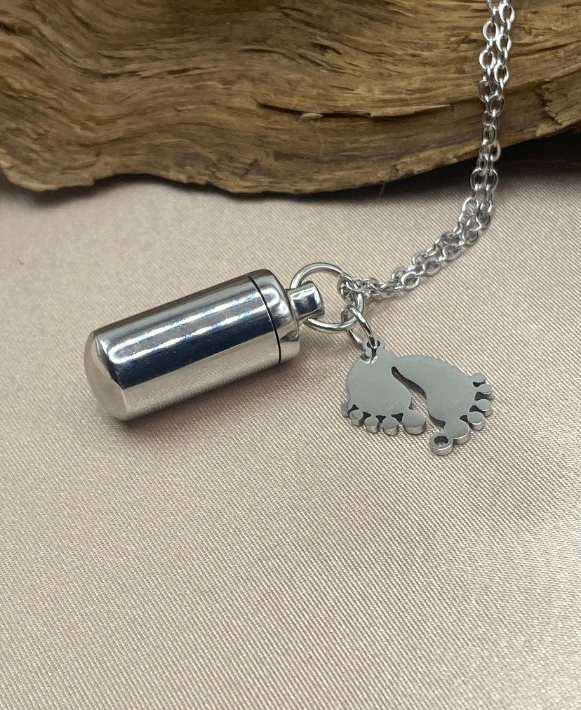 Silver Cylinder Baby Urn Necklace – Baby Feet Charm Memorial Jewelry