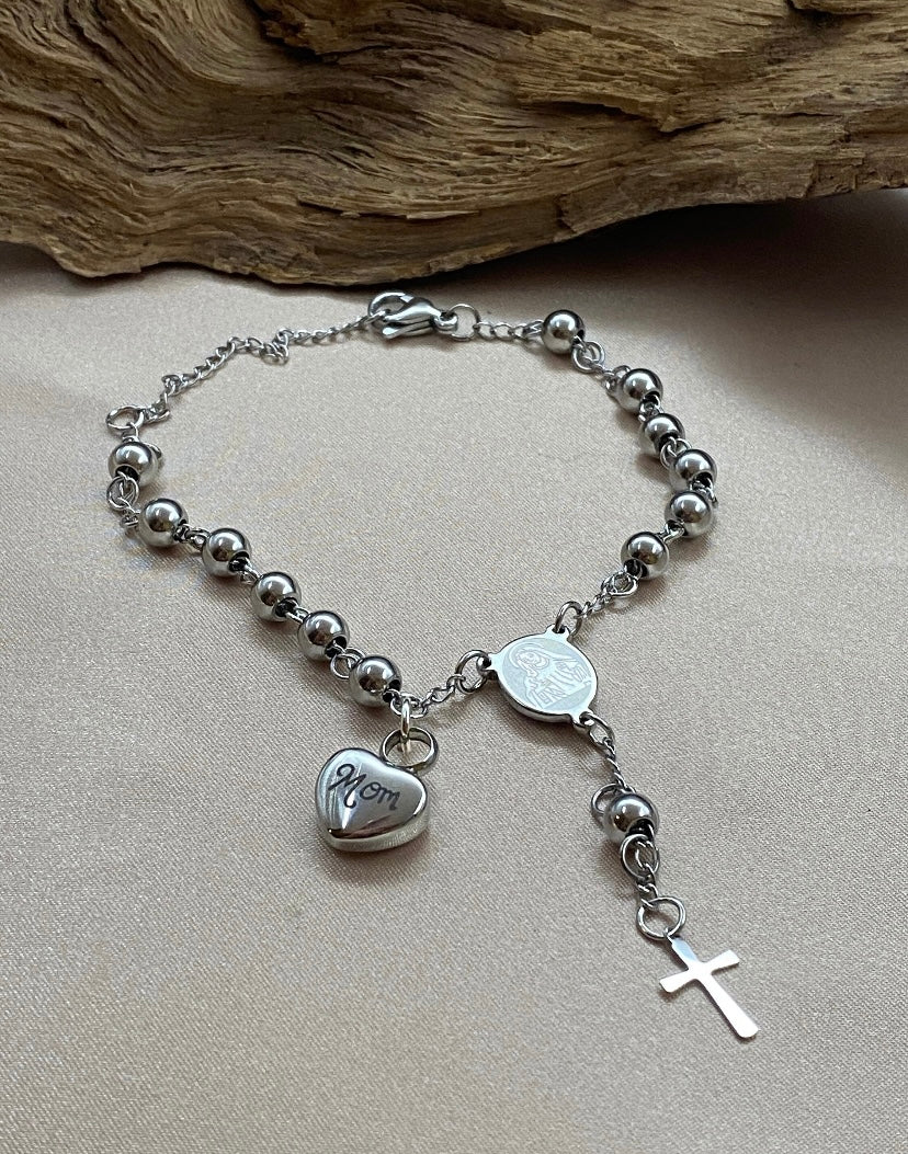 Rosary Urn Bracelet – Engraved 'Mom' Heart Keepsake Jewelry for Ashes