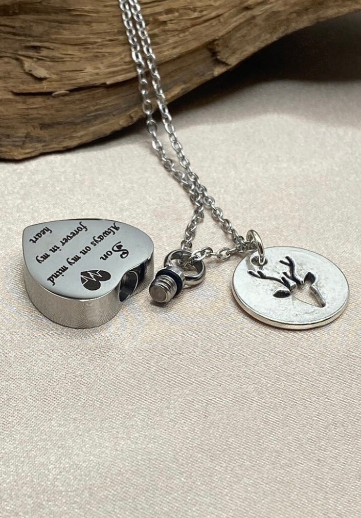 Heart Urn Necklace for Son – Deer Charm Memorial Jewelry for Hunters