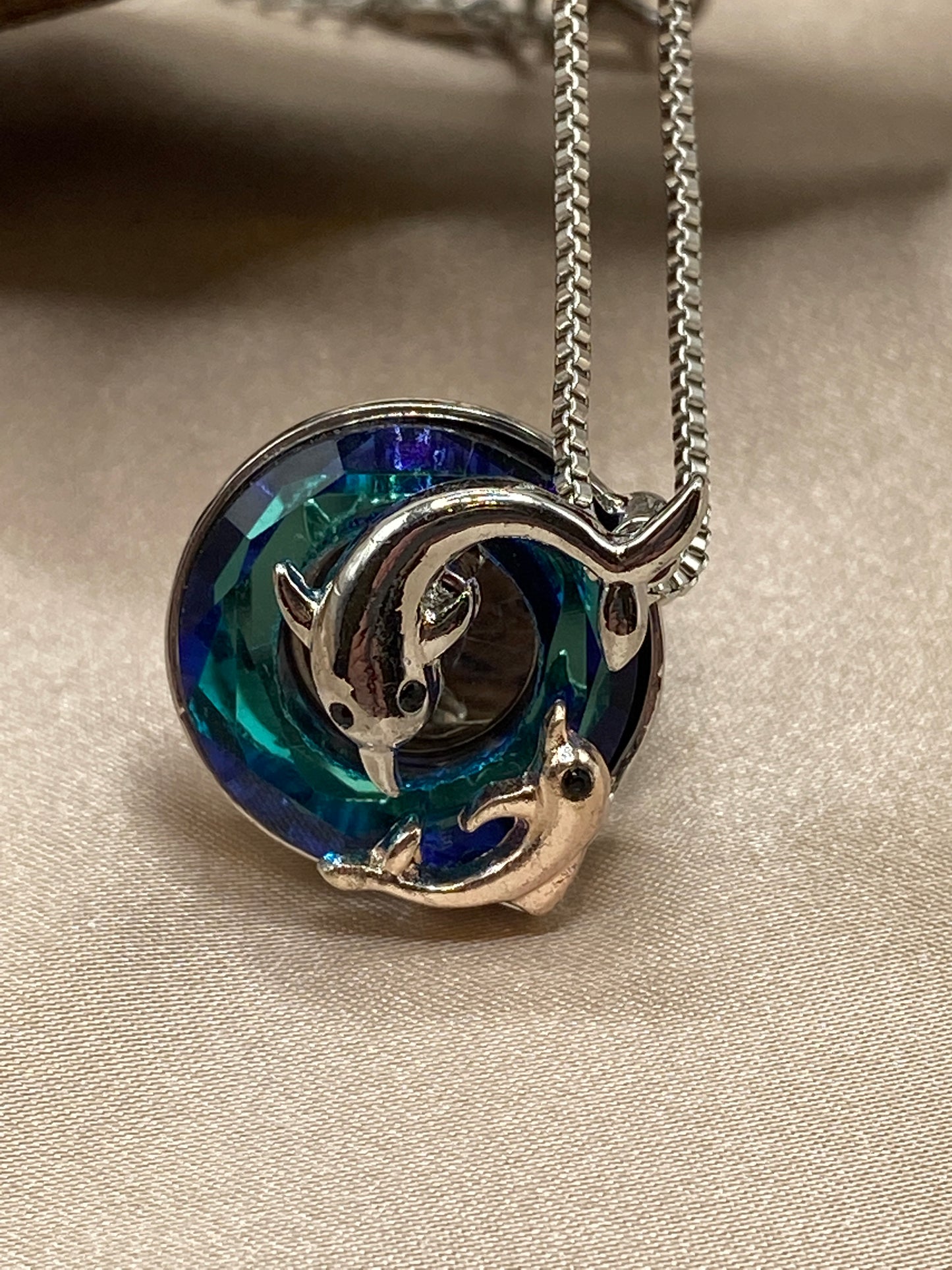 Graceful Dolphin Cremation Necklace – Urn Pendant with Blue Stones for Ashes