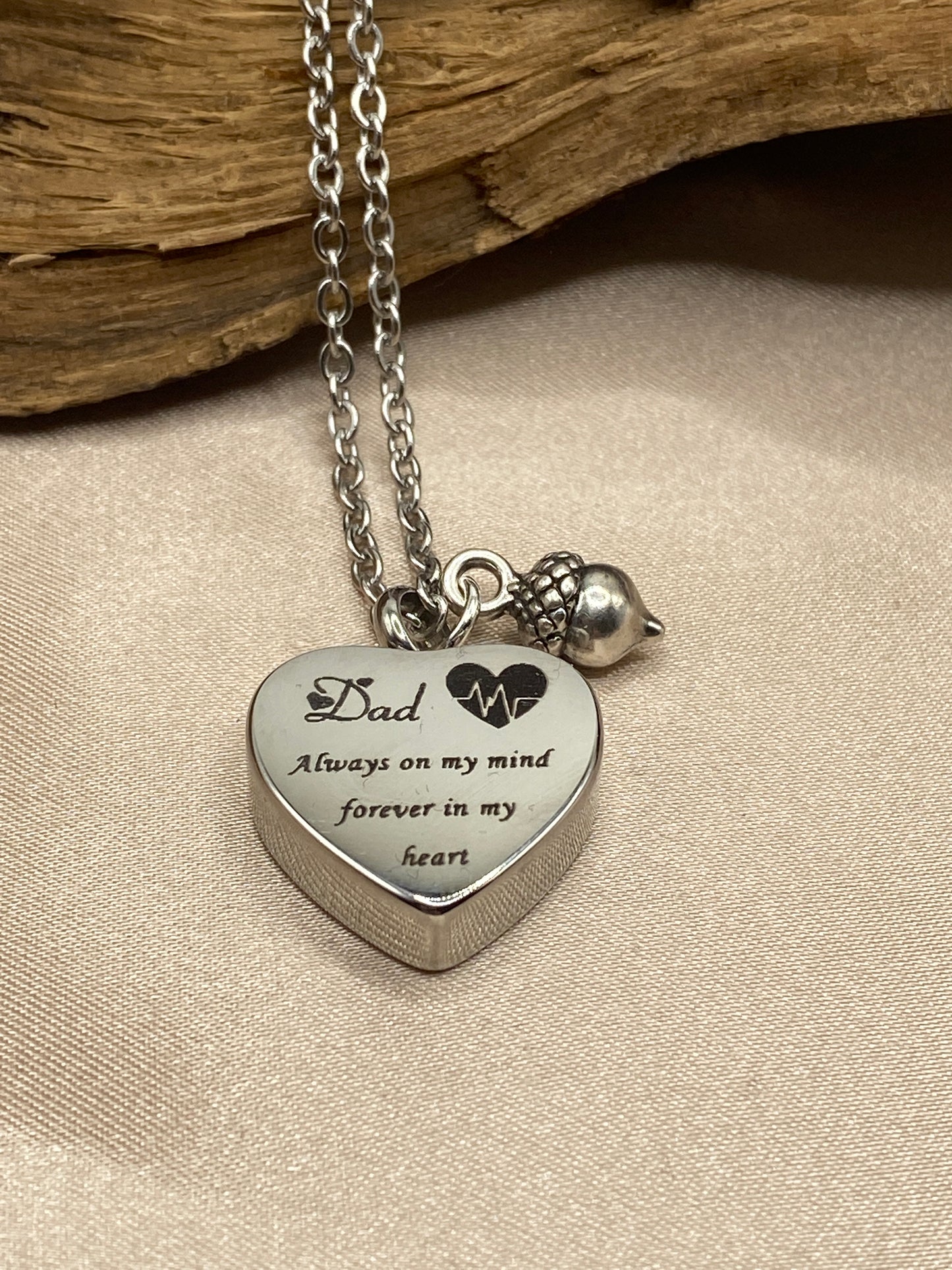 Cremation Heart Urn Necklace – Engraved Silver with Acorn Charm for Dad