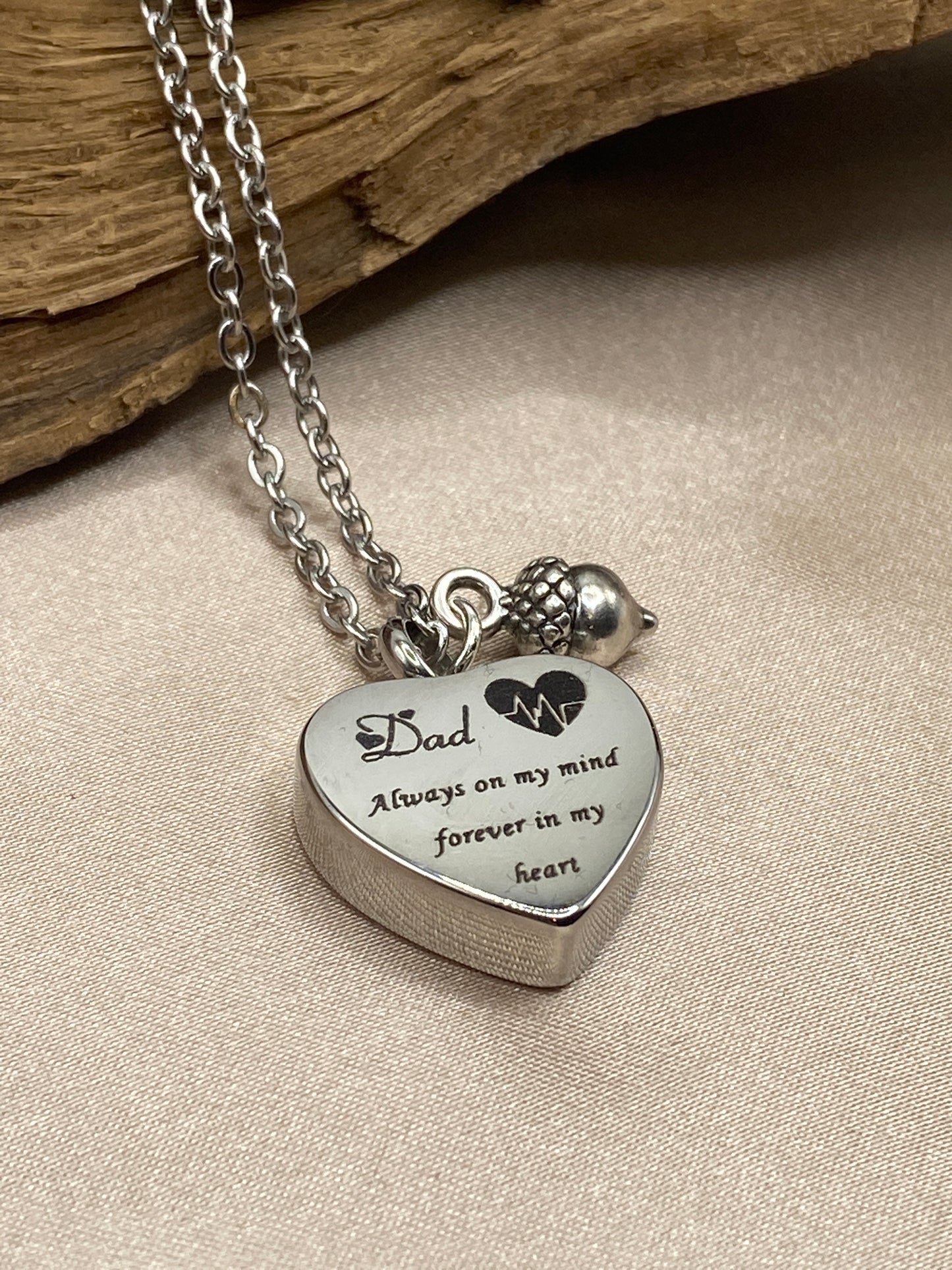 Cremation Heart Urn Necklace – Engraved Silver with Acorn Charm for Dad