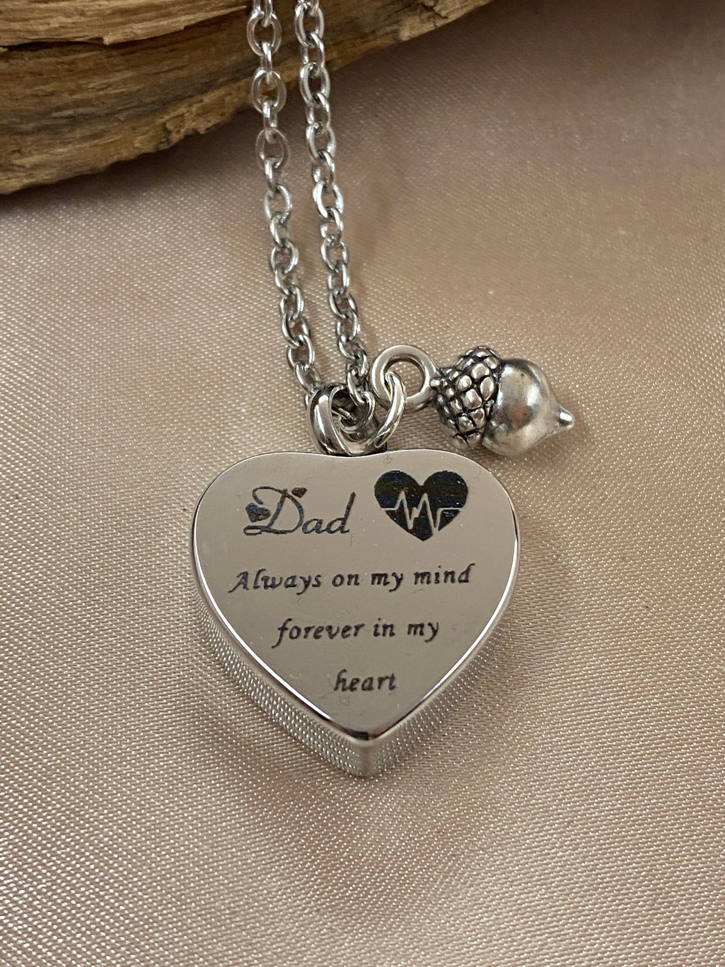 Cremation Heart Urn Necklace – Engraved Silver with Acorn Charm for Dad