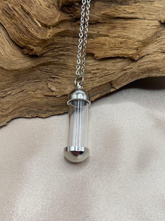 Clear Glass Urn Necklace – Tube Vessel Cremation Jewelry for Ashes