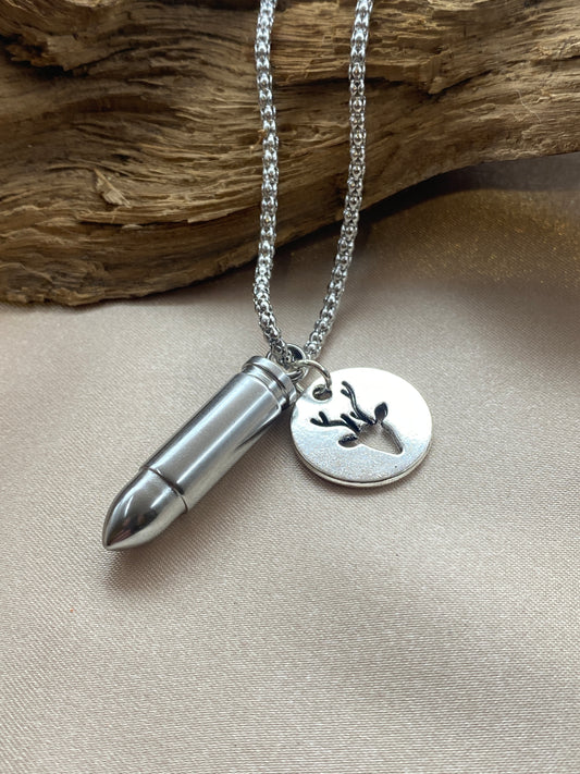 Bullet Cremation Necklace – Deer Charm Memorial Jewelry for Hunter Men