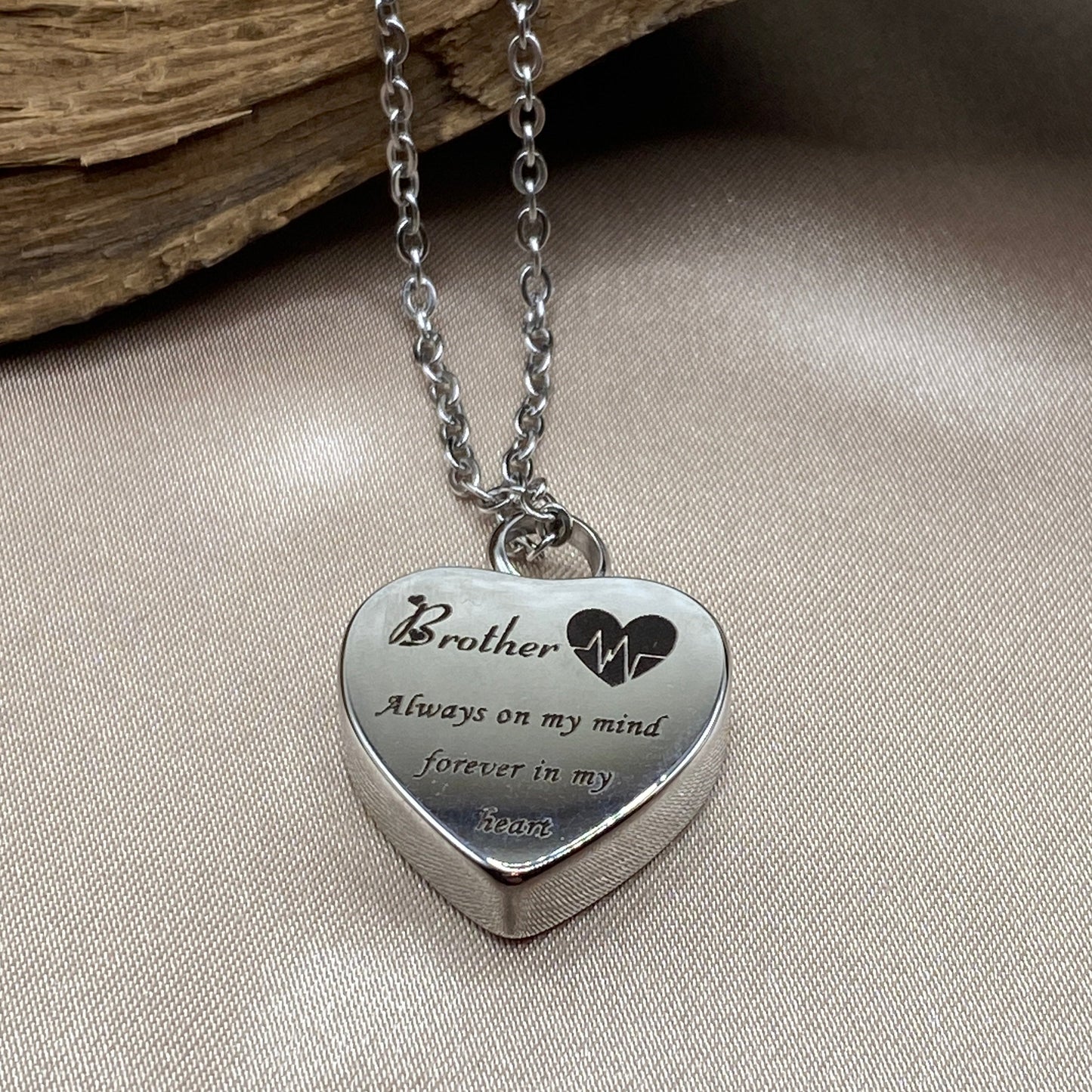 Heart Shaped Cremation Necklace with Brother Charm - Urn Jewelry for Ashes
