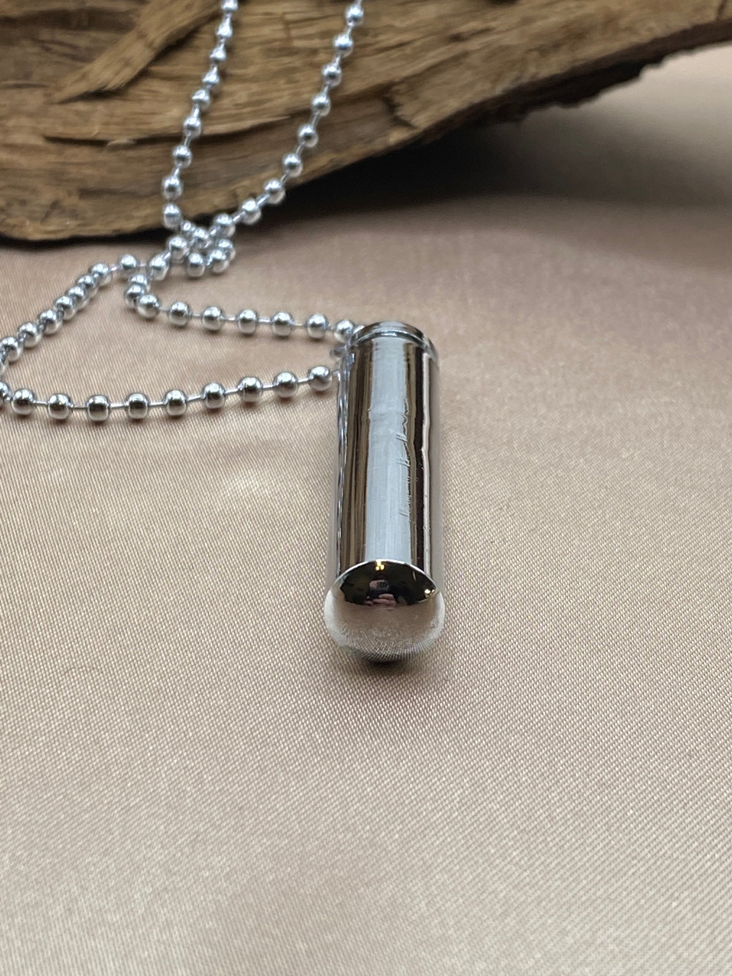 Plain Silver Cylinder Urn Necklace with Ball Chain - Stainless Steel Memorial Jewelry - Engravable to Hold Human Ashes or Pet Ashes