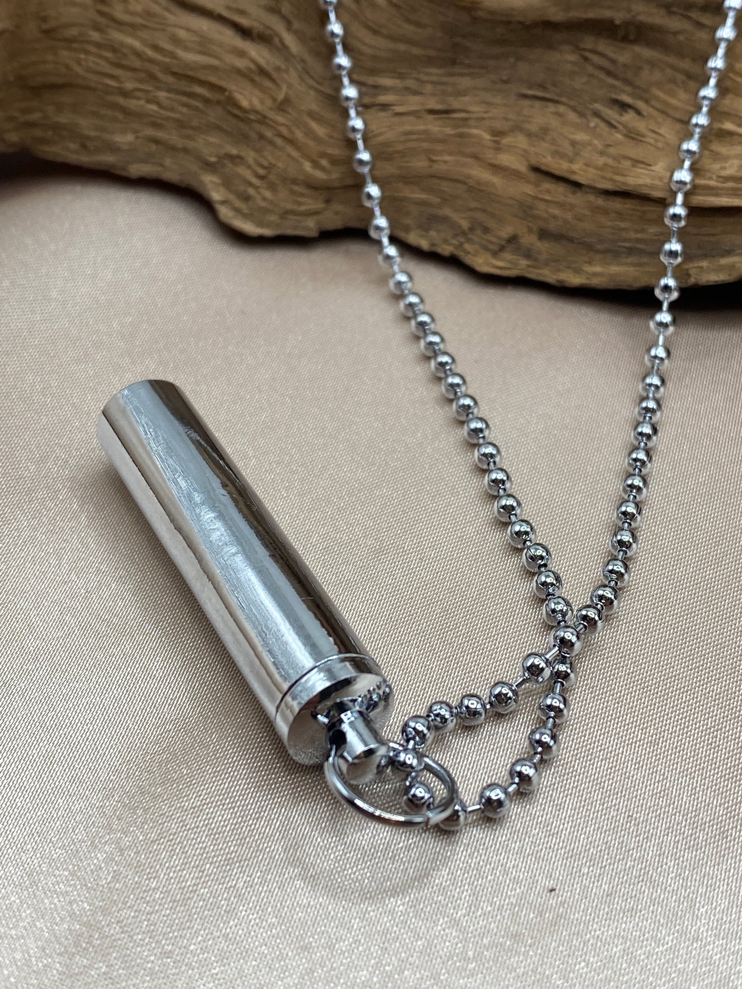 Silver Cylinder Urn Necklace with Ball Chain - Engravable for Ashes