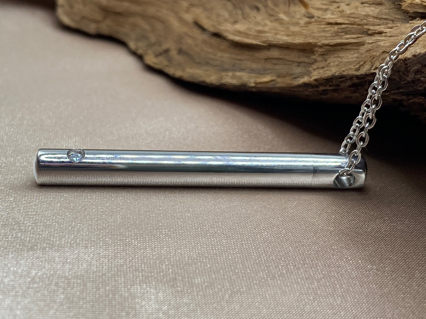 Silver Cylinder Cremation Urn Necklace with Clear Stone - Dainty Stainless Steel Memorial Jewelry for Holding Human or Pet Ashes