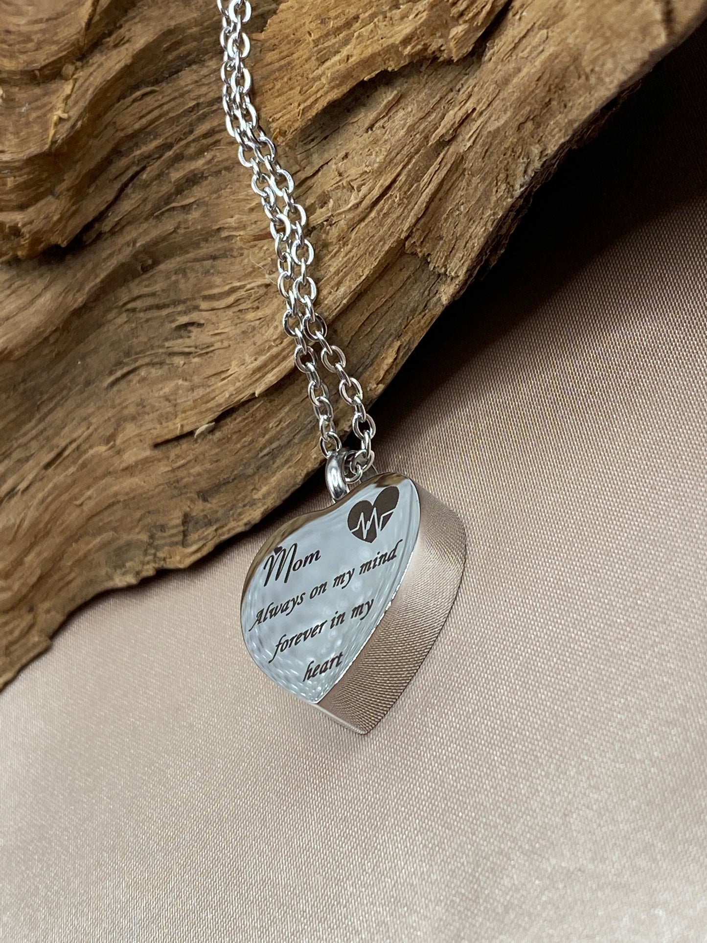 Heart Memorial Urn Necklace - Engraved 'Mom, Always on My Mind' - Jewelry for Ashes, Loss of Mother