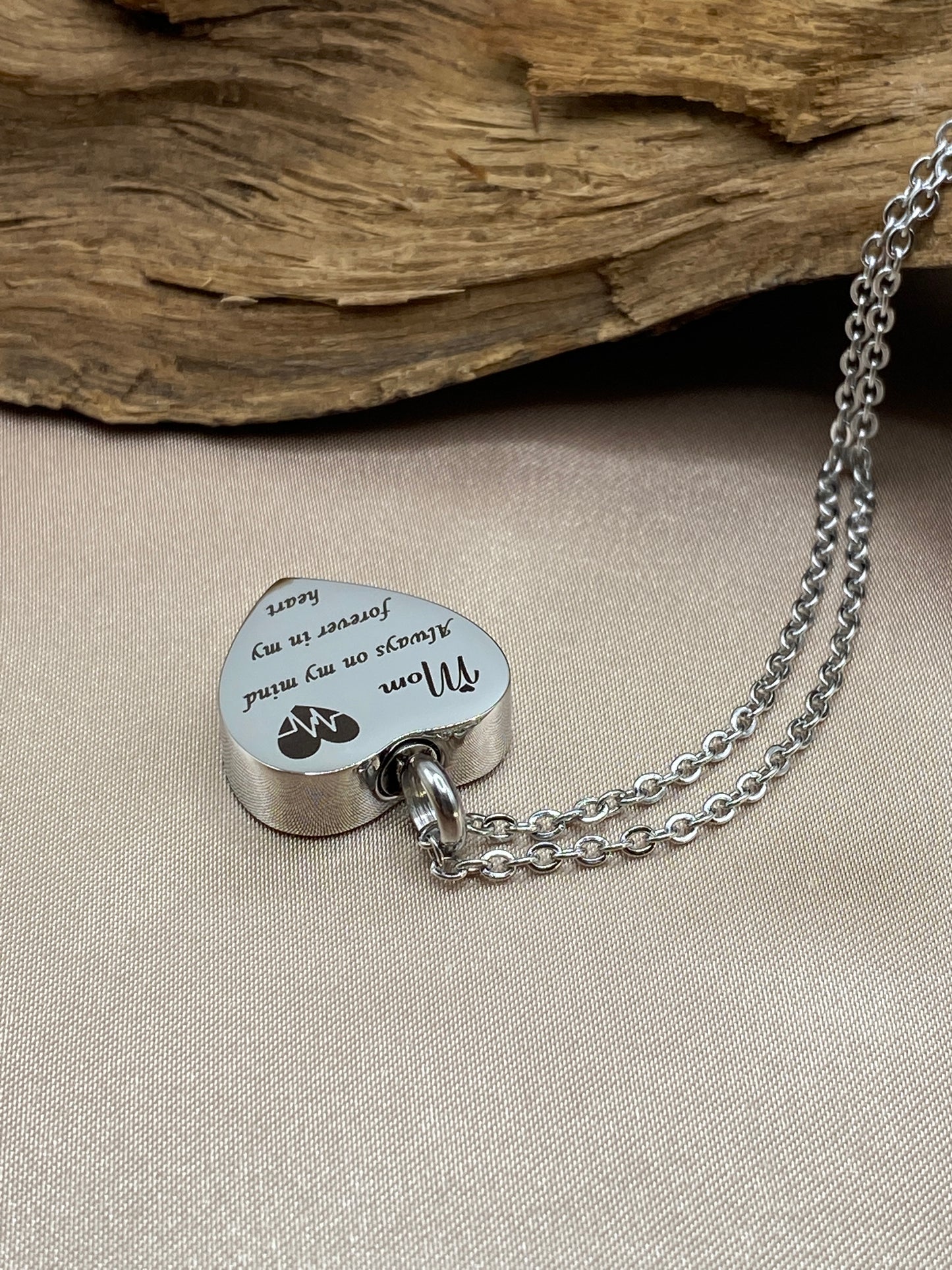 Heart Memorial Urn Necklace - Engraved 'Mom, Always on My Mind' - Jewelry for Ashes, Loss of Mother