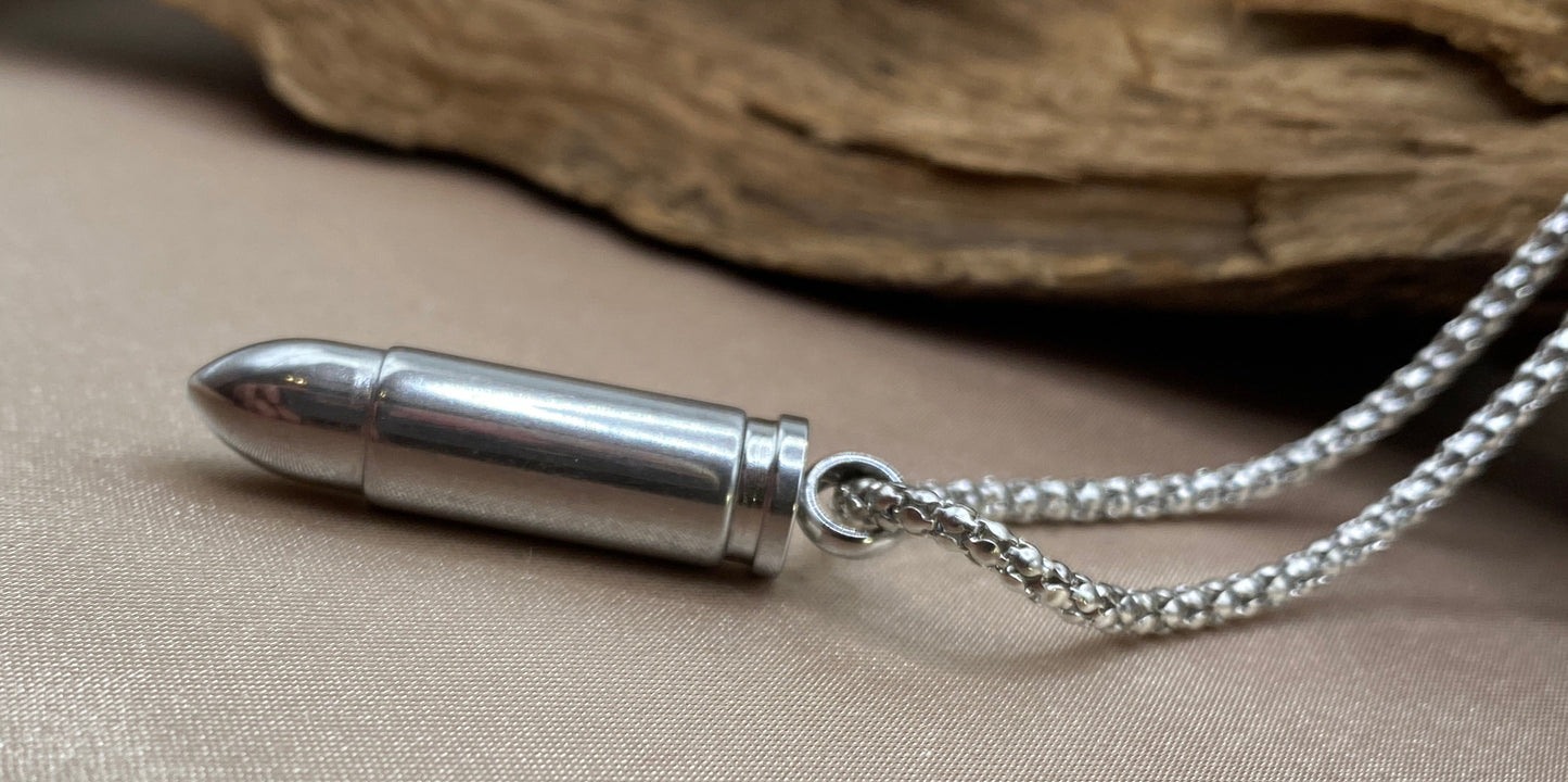 Bullet Cremation Necklace for Men - Personalized Memorial Urn Jewelry for Ashes - Hunting Tribute Necklace