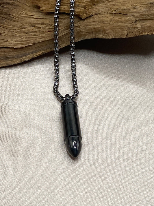 Men’s Black Bullet Cremation Necklace – Hunting in Heaven Memorial for Ashes