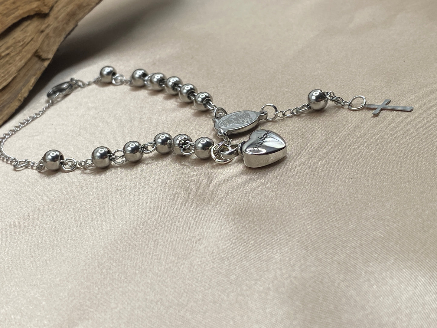 Rosary Bead Urn Bracelet with Heart-Shaped Urn Engraved with 'Husband' - Stainless Steel Urn Jewelry - Personalized Keepsake for Human Ashes