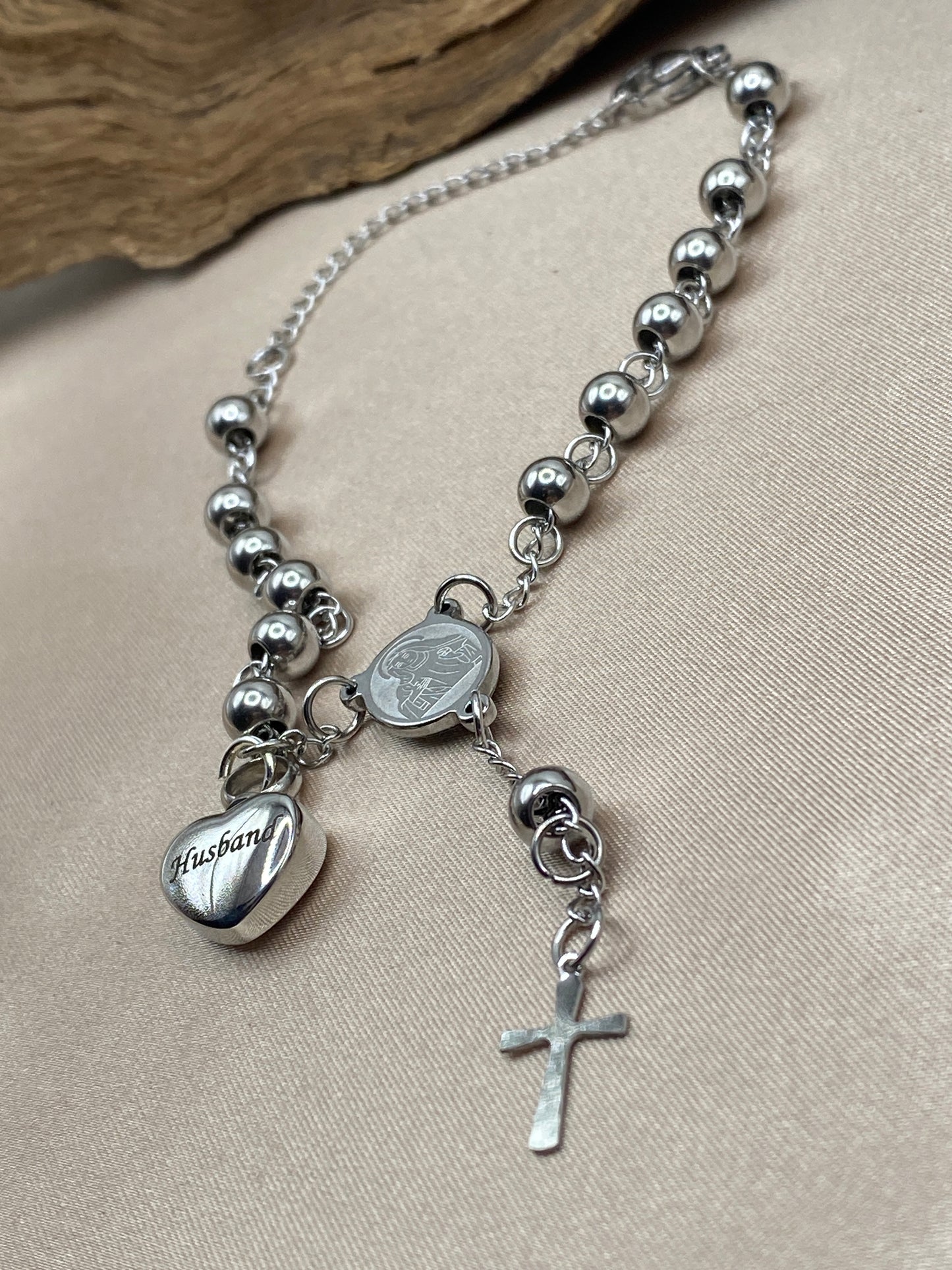 Rosary Bead Urn Bracelet with Heart-Shaped Urn Engraved with 'Husband' - Stainless Steel Urn Jewelry - Personalized Keepsake for Human Ashes