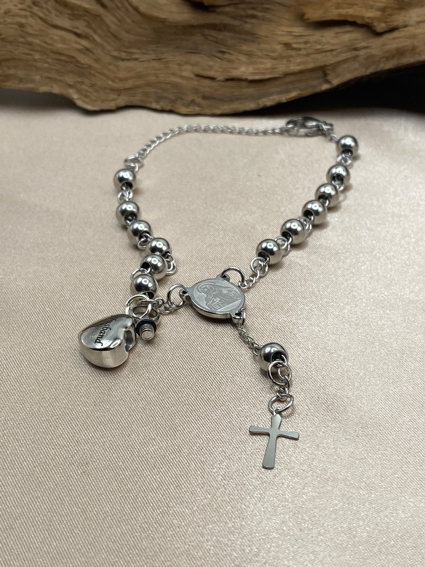 Rosary Urn Bracelet – Engraved 'Husband' Heart Memorial Jewelry for Ashes