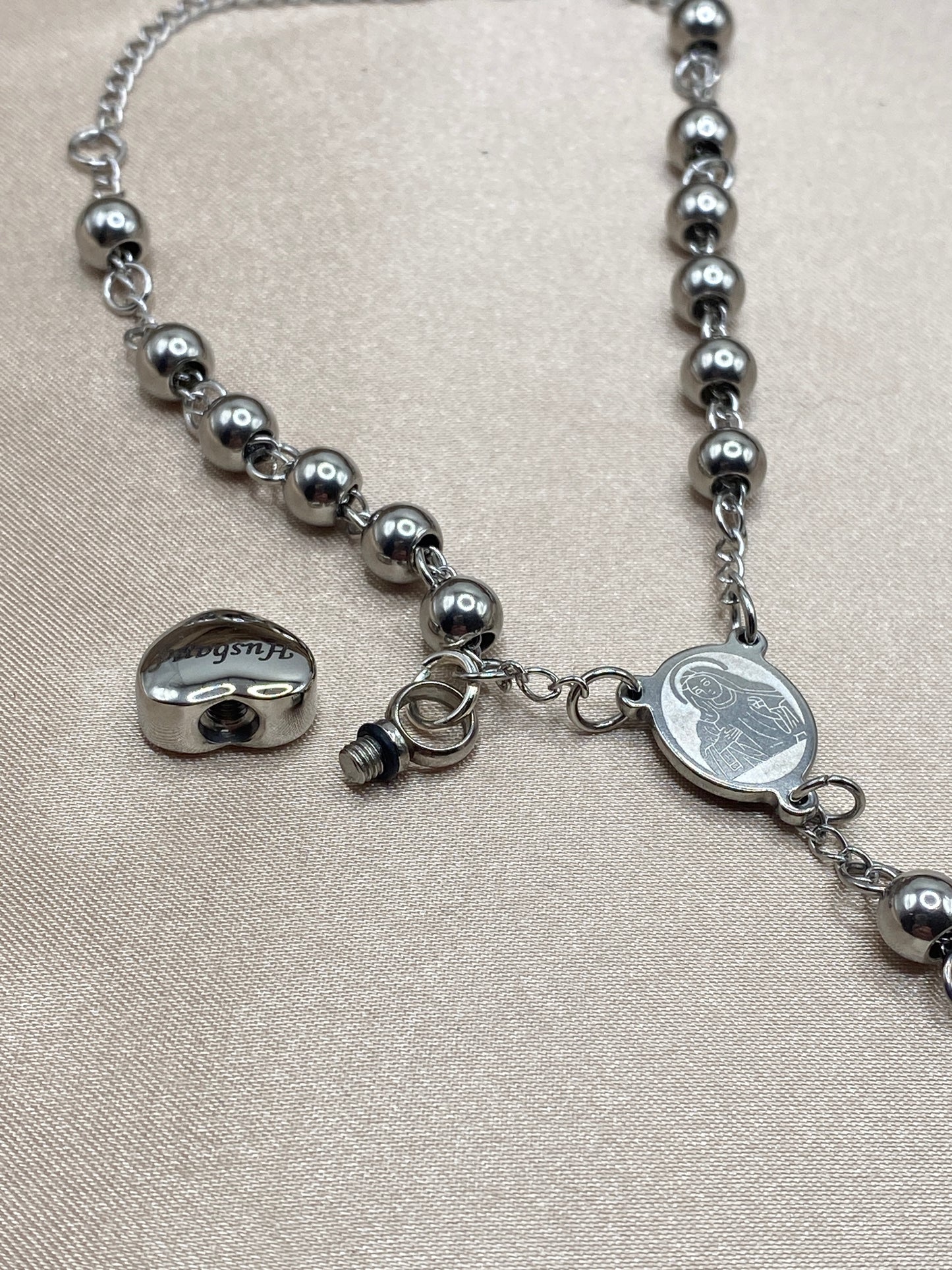 Rosary Urn Bracelet – Engraved 'Husband' Heart Memorial Jewelry for Ashes