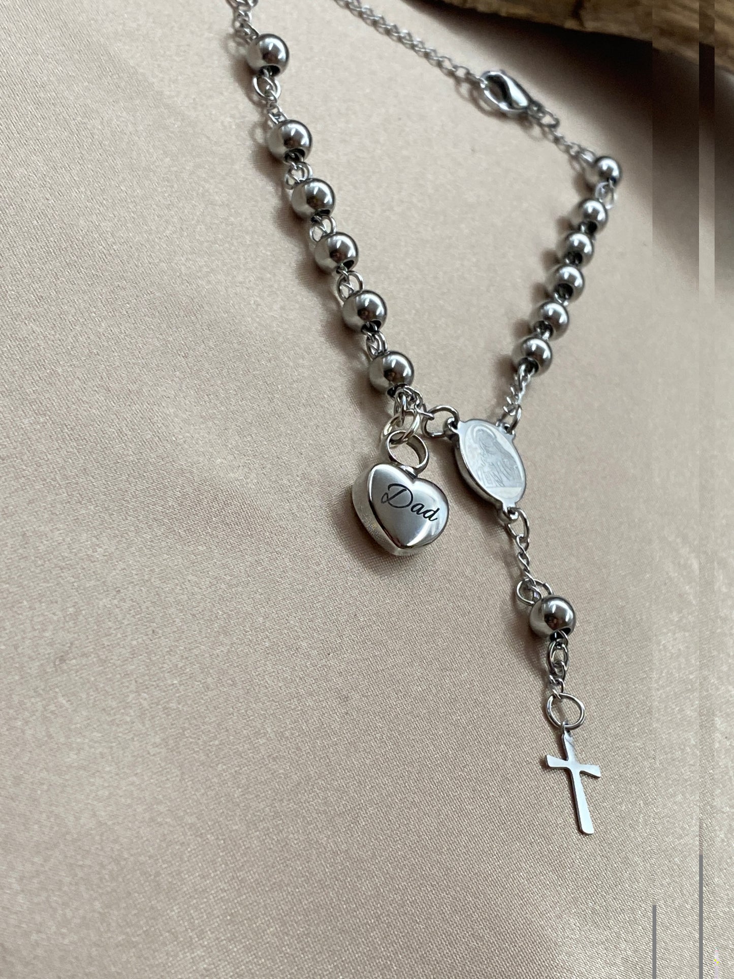 Rosary Bead Urn Bracelet with Heart-Shaped Urn Engraved with 'Dad' - Stainless Steel Urn Jewelry - Personalized Keepsake for Human Ashes